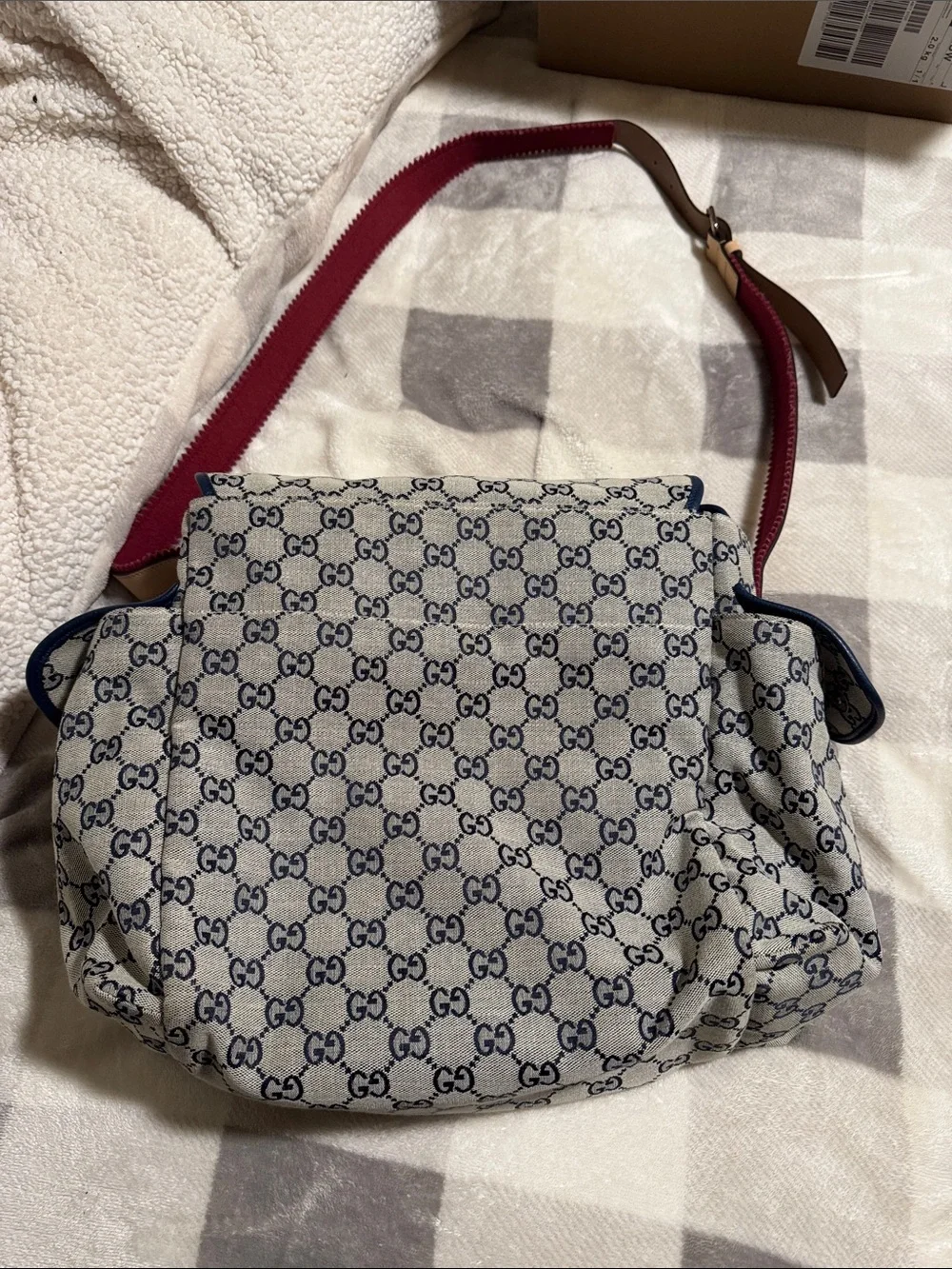 Gucci Beige GG Canvas Satchel Diaper Bag with Blue Trim and Tan Straps
